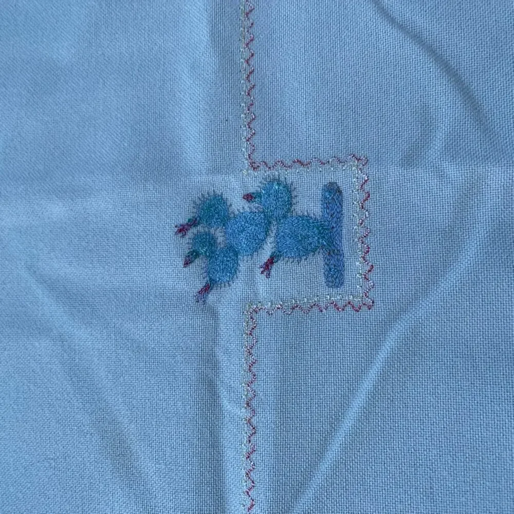 Vintage Hand-Embroidered Folk Figures & Motifs Taupe Cotton Tablecloth 52 x 70